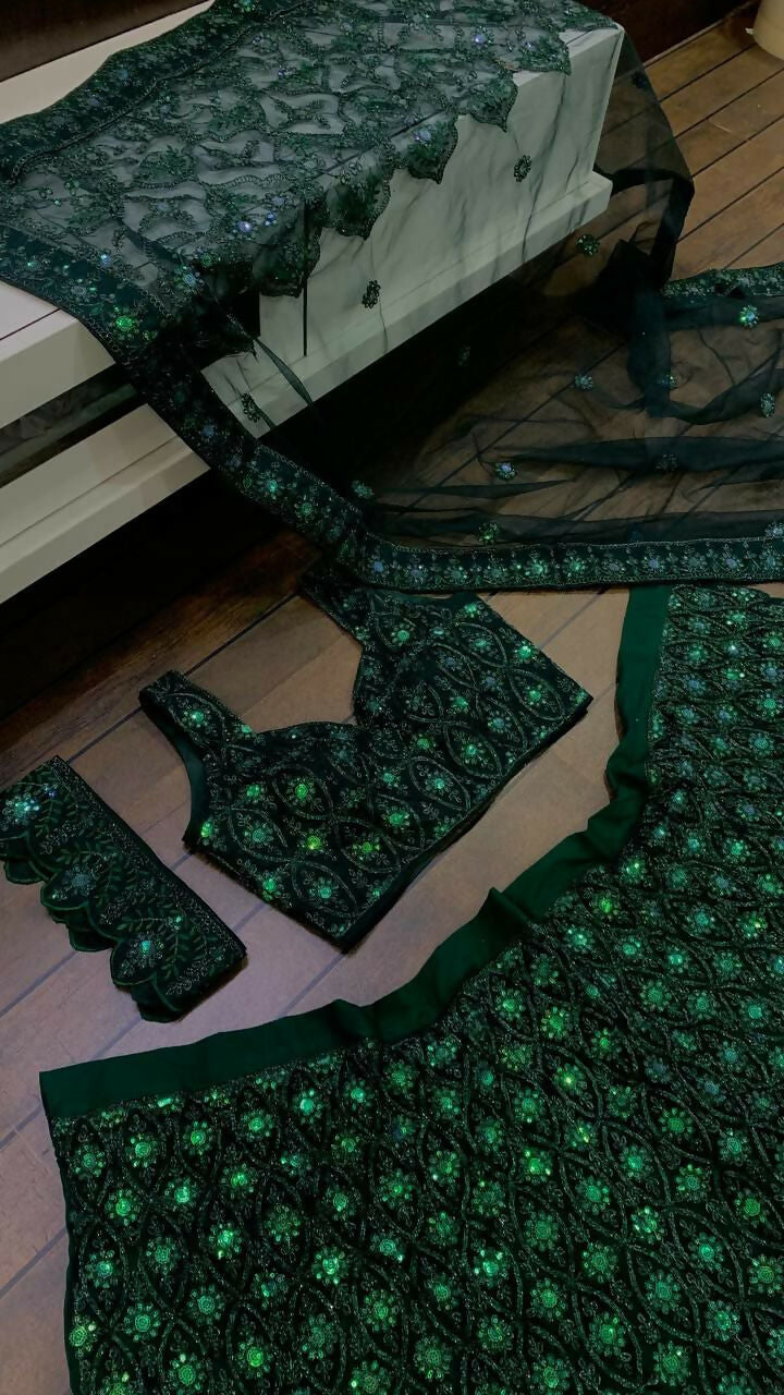 Dark Green Net Sequins Dori & Thread Embroidered Lehenga