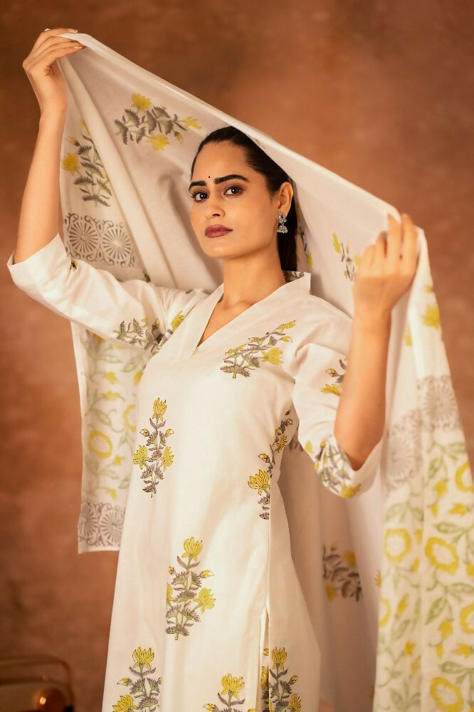 Off White and Yellow Hand Block Printed Cotton Suit Set