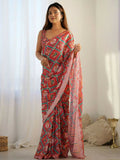 Red georgette saree with digital print and mirror work detailing