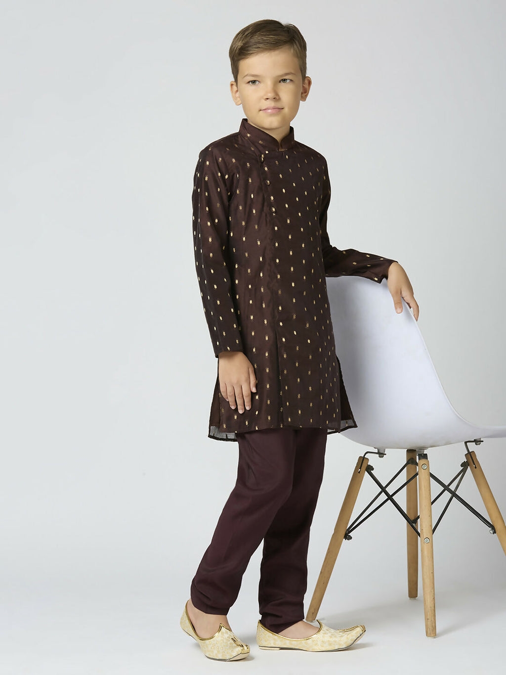 Boys traditional brown Chanderi kurta with intricate butta embroidery
