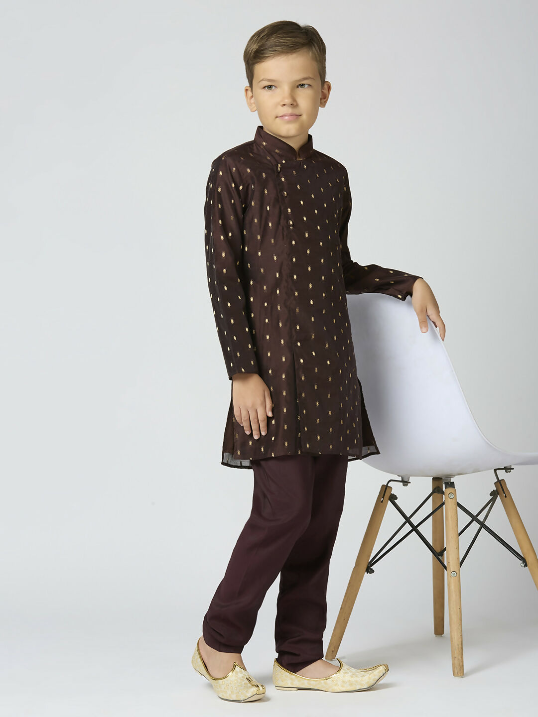 Boys traditional brown Chanderi kurta with intricate butta embroidery