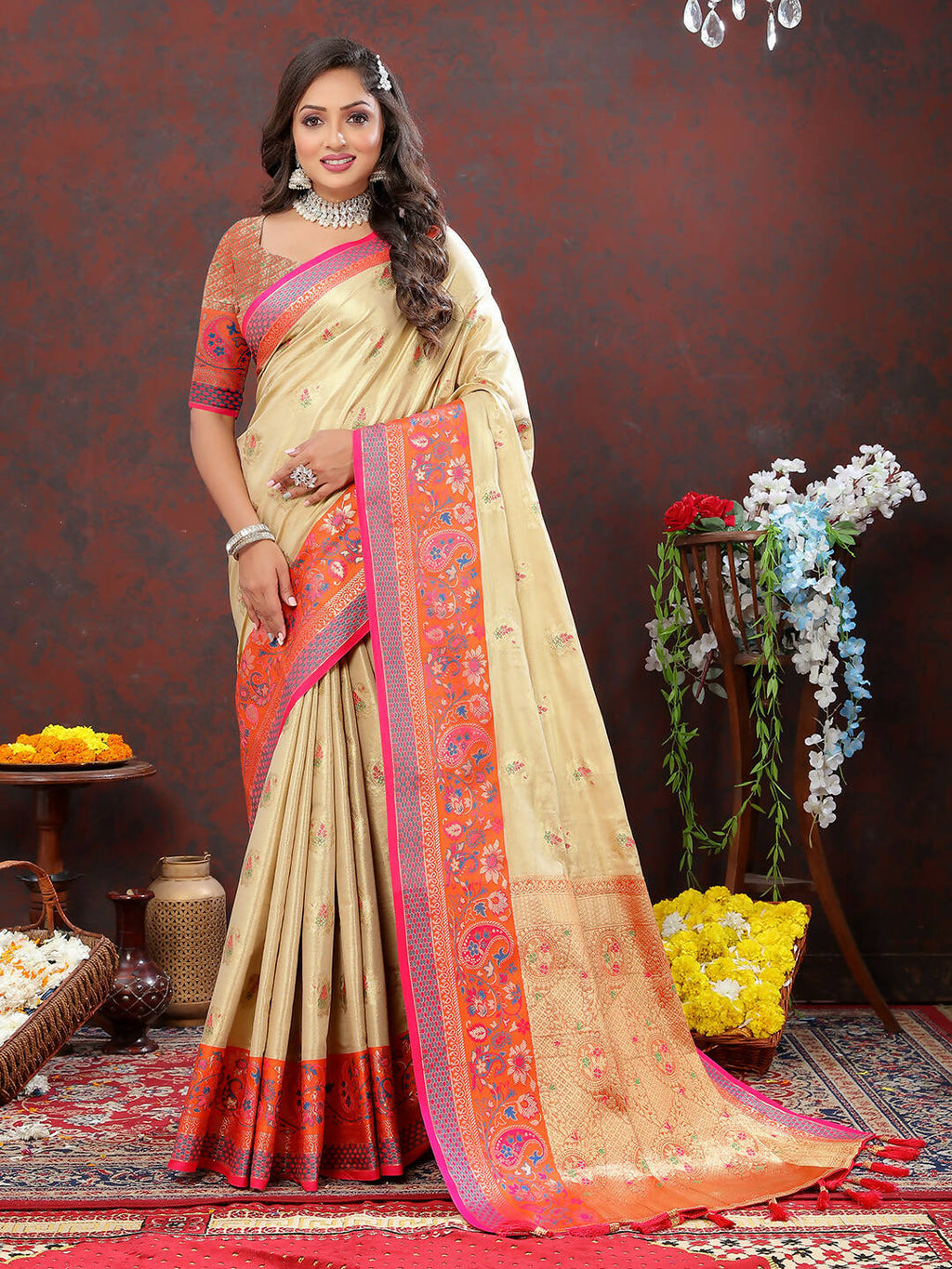 Cream Kanjivaram Silk Saree with Traditional Zari Woven Design