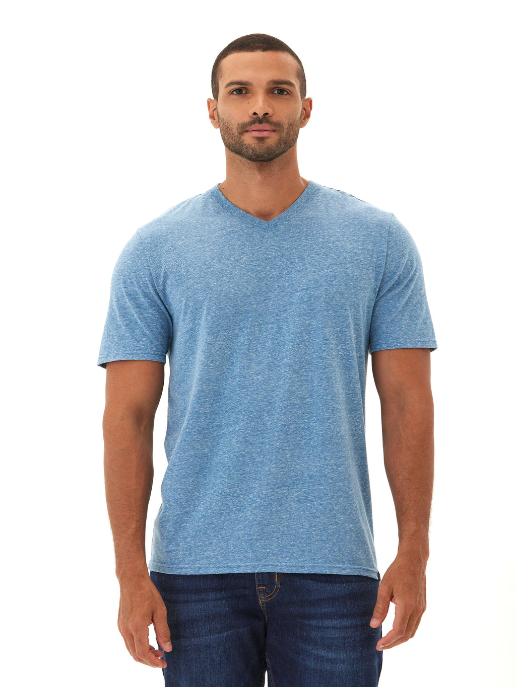 Close up of a man wearing a soft Men's Core Triblend Jersey V-Neck Tee in a classic silhouette.