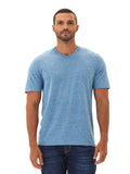 Close up of a man wearing a soft Men's Core Triblend Jersey V-Neck Tee in a classic silhouette.