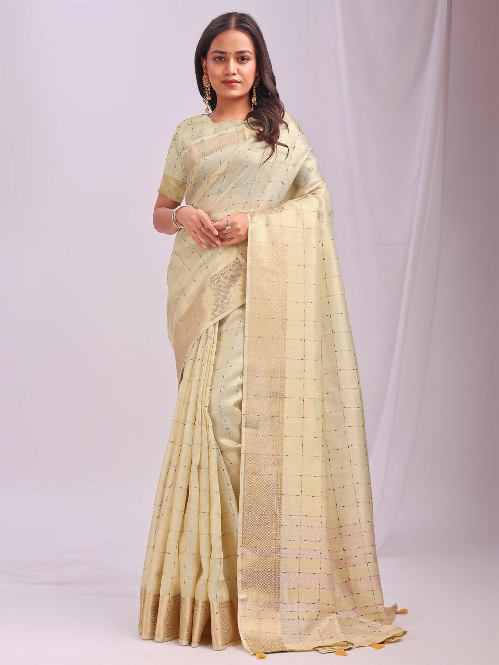 Gold Organza Saree with Yellow Blouse for Festive Occasions