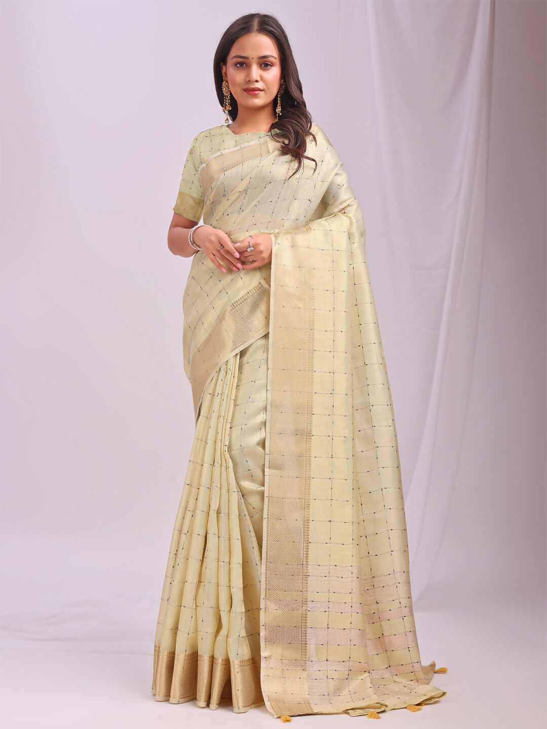 Gold Organza Saree with Yellow Blouse for Festive Occasions