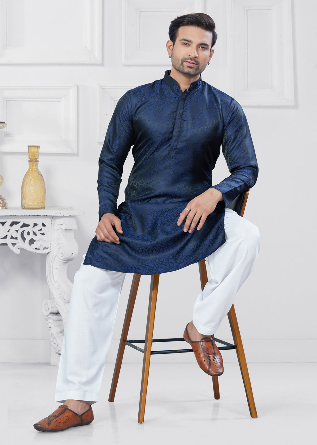 Navy Blue Jacquard Silk Kurta Pyjama Set for Boys