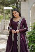 Wine colored georgette kurta set with sequence embroidery