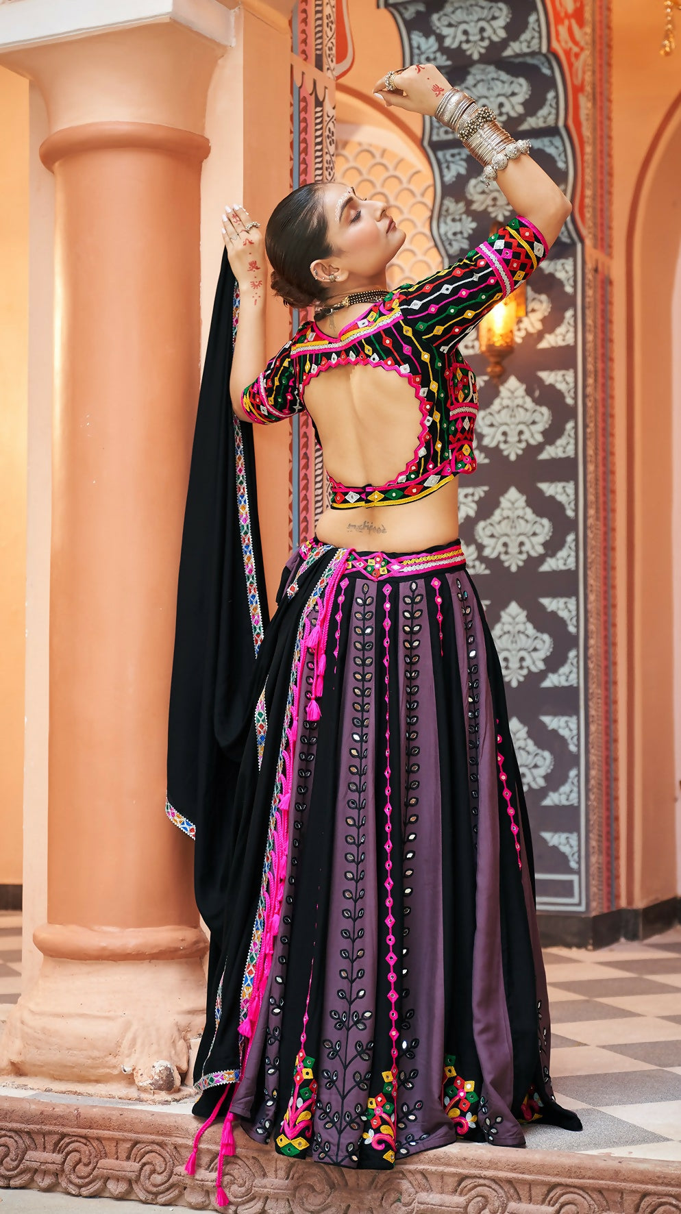 Multi-Color Viscose Rayon Navratri Lehenga Choli with Black Blouse