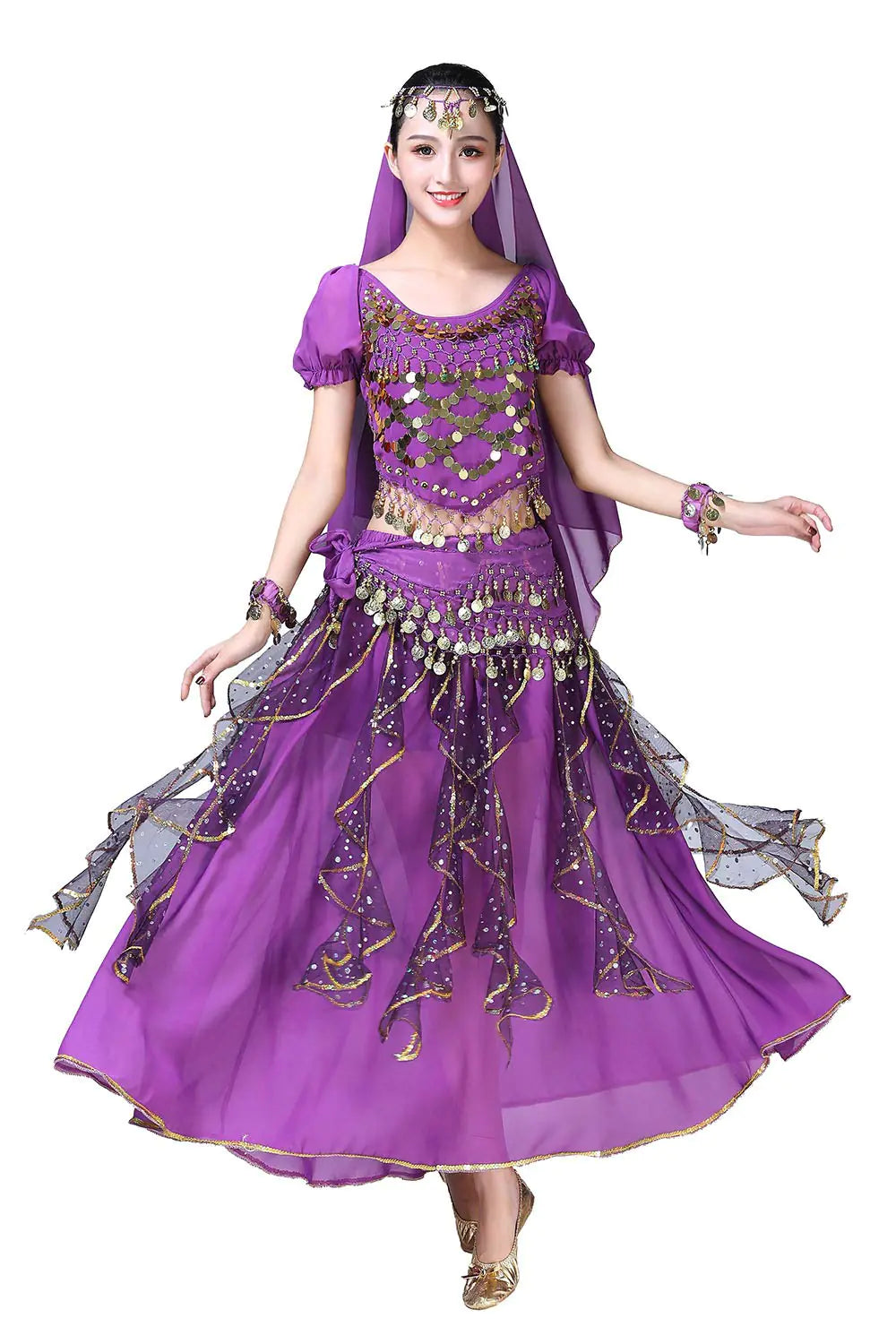 ORIDOOR Women Belly Dance Dress Indian Bollywood Halloween Costume Chiffon Skirts Shiny Belly Dance Suits 5-Piece Outfit 004 Purple One Size