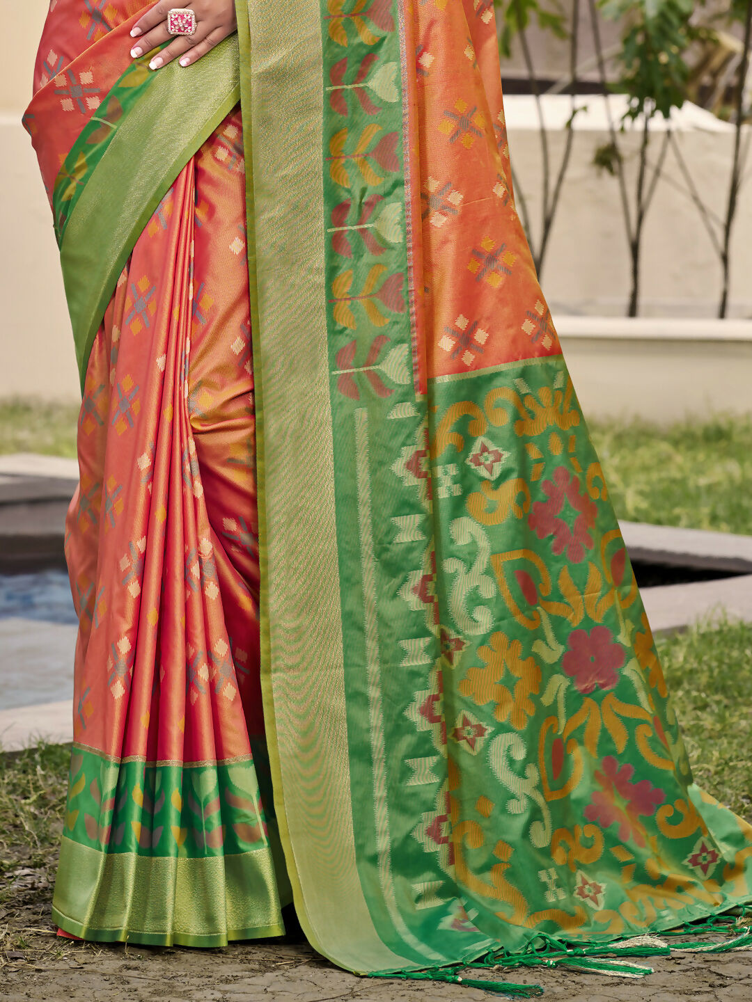 Orange Pochampalli Silk Saree with Green Blouse for Women