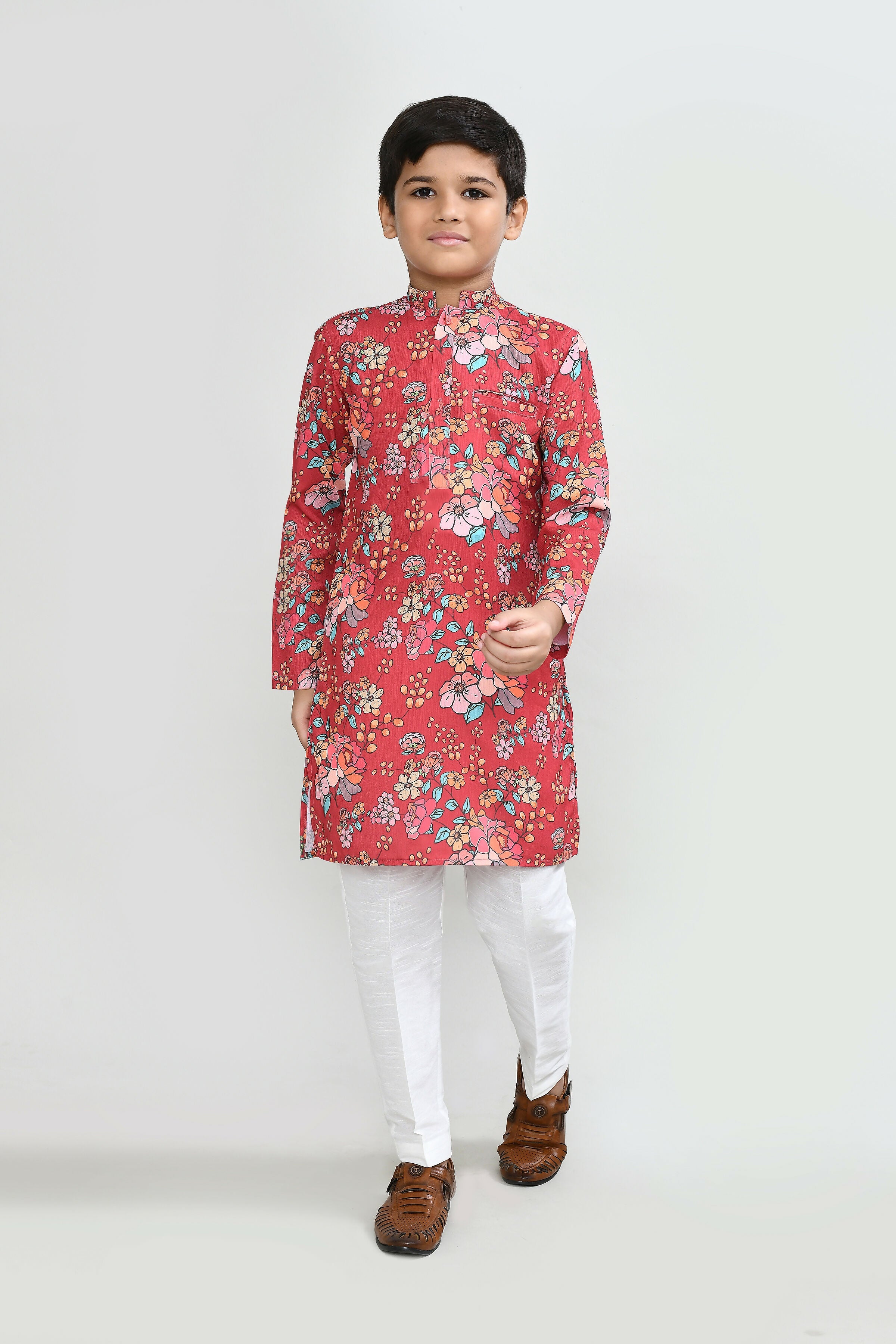 Vibrant Red Cotton Silk Kurta with white straight-fit pants