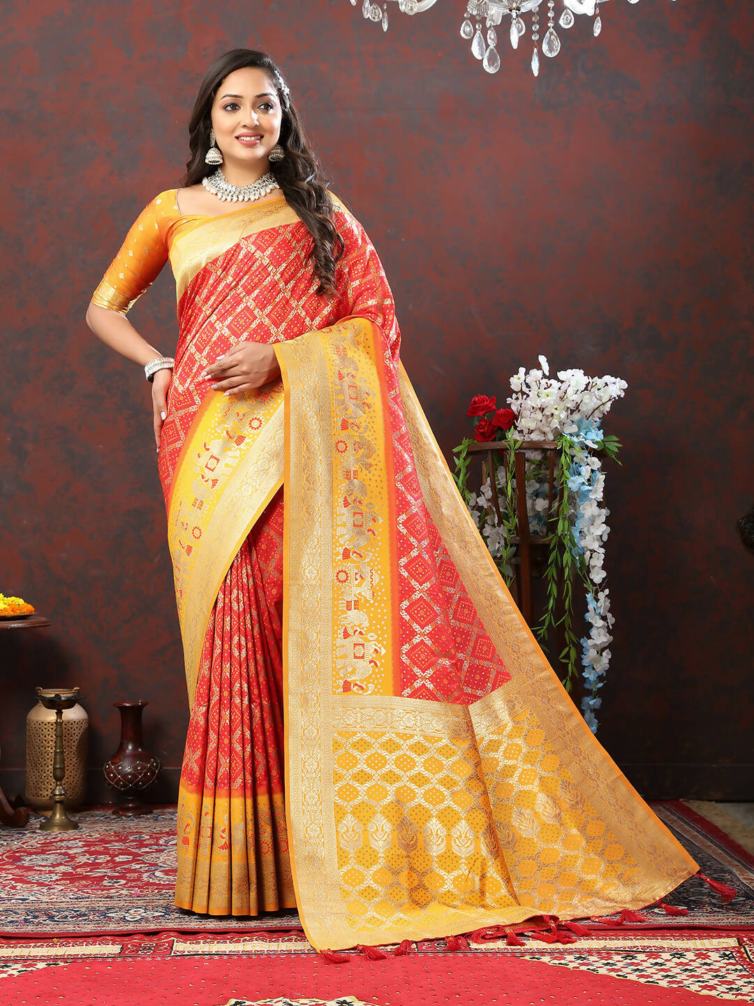 Red & Yellow Patola Silk Saree with Traditional Meenakari Weaving