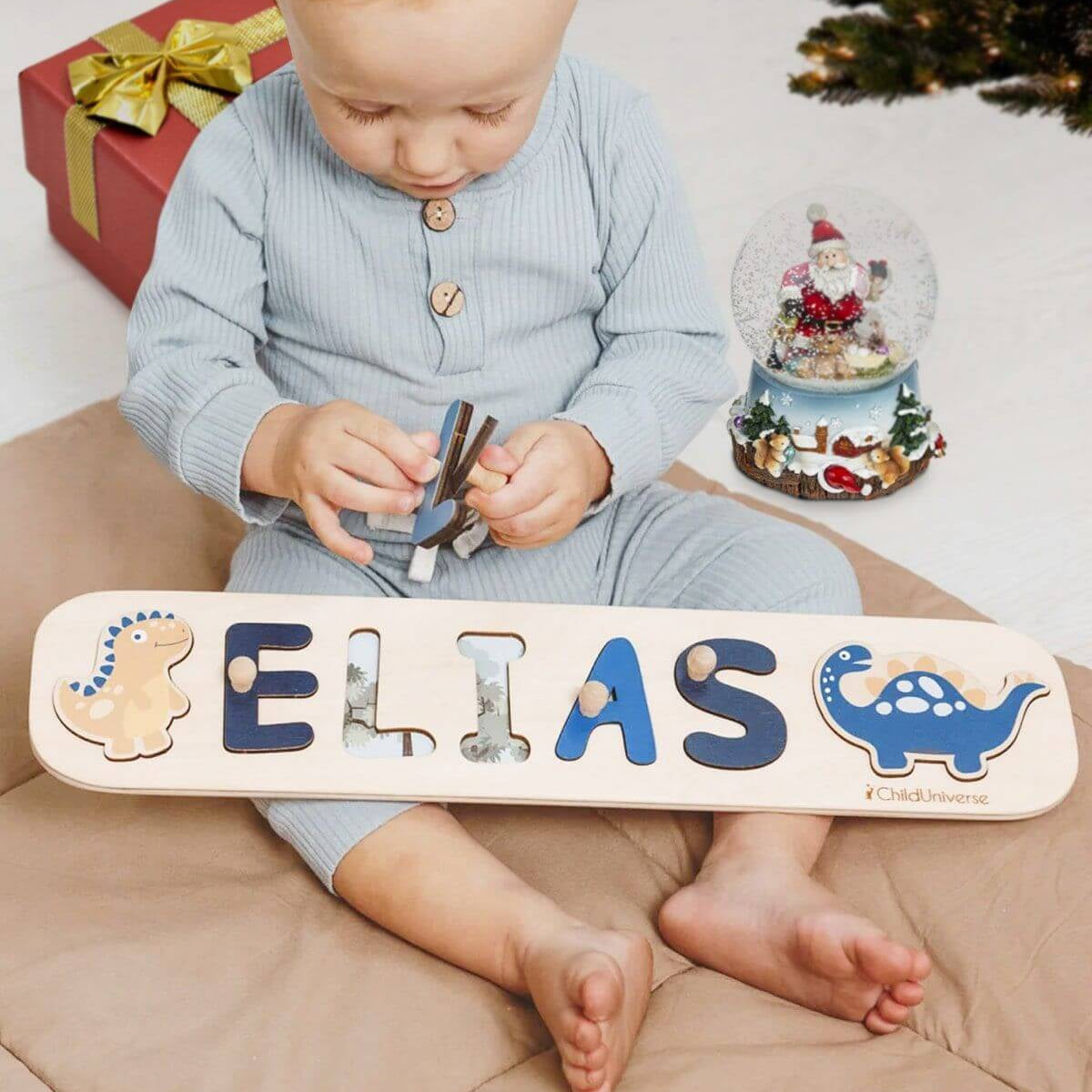 Personalized natural wooden name puzzle for toddlers featuring blue accents in a minimalist nursery setting.