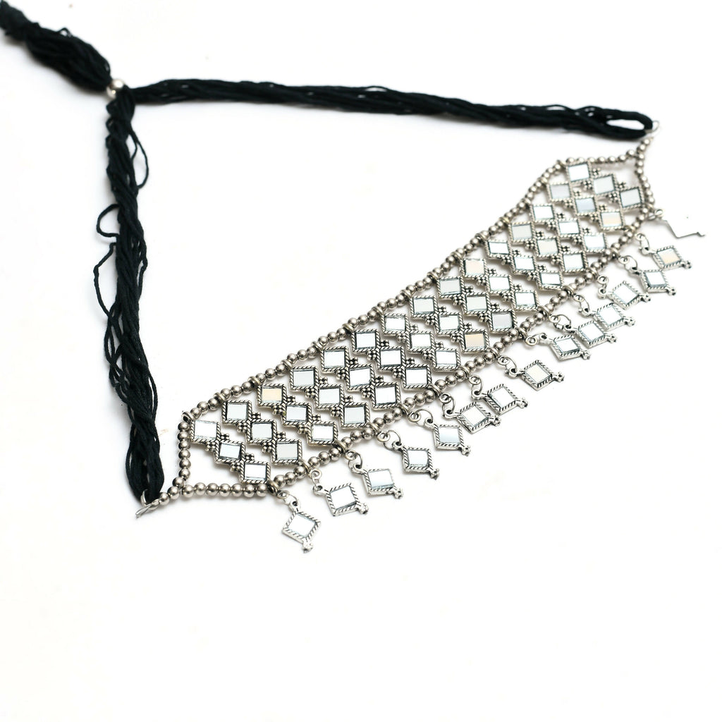 Oxidised Silver-Plated Alloy Mirror Choker Necklace