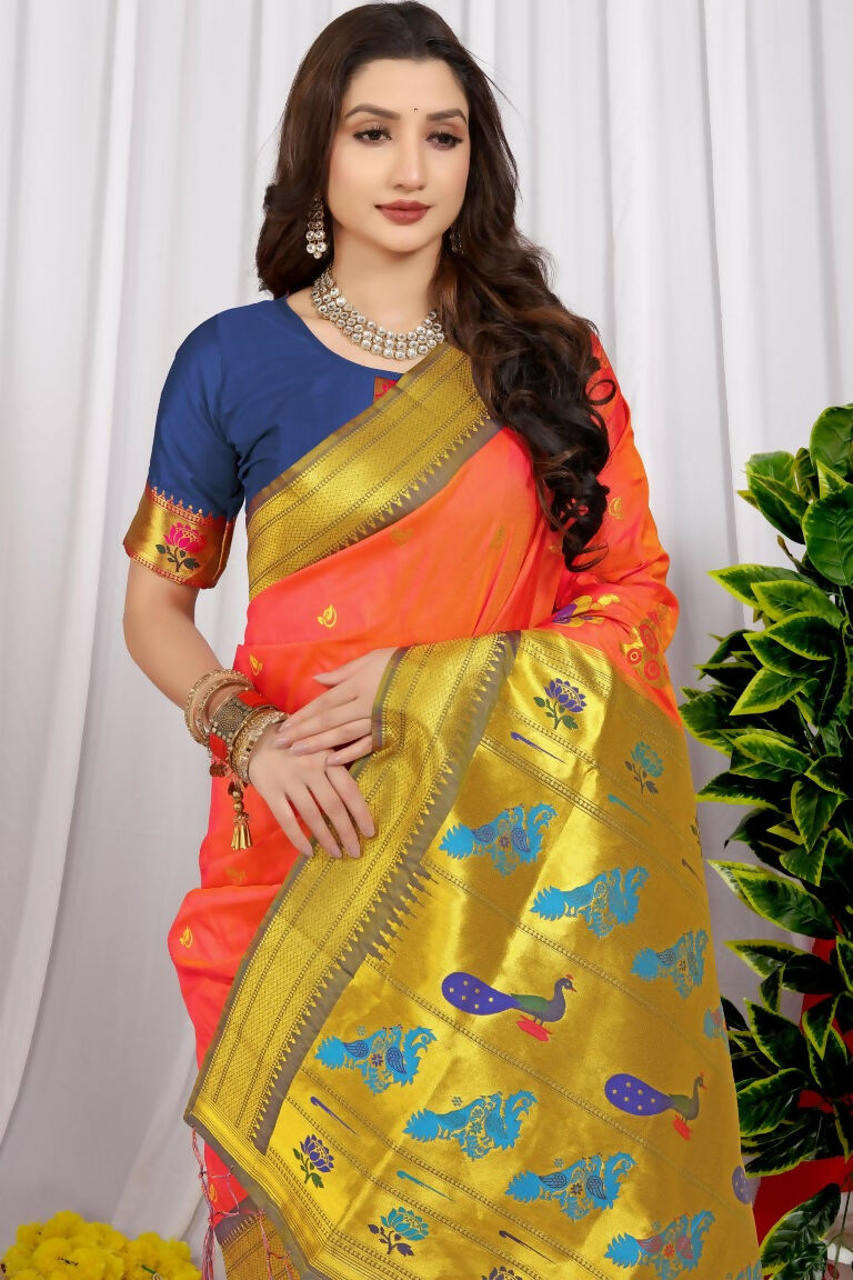 Orange Paithani Silk Saree with Blue Blouse and Zari Work