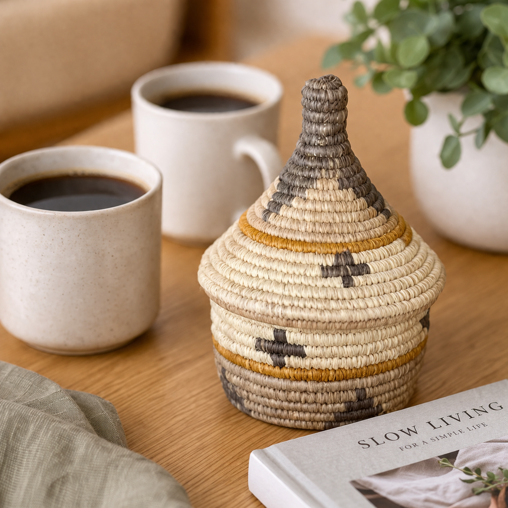 Small artisanal Tooro Friendship basket with intricate geometric patterns in beige, brown, and ochre.