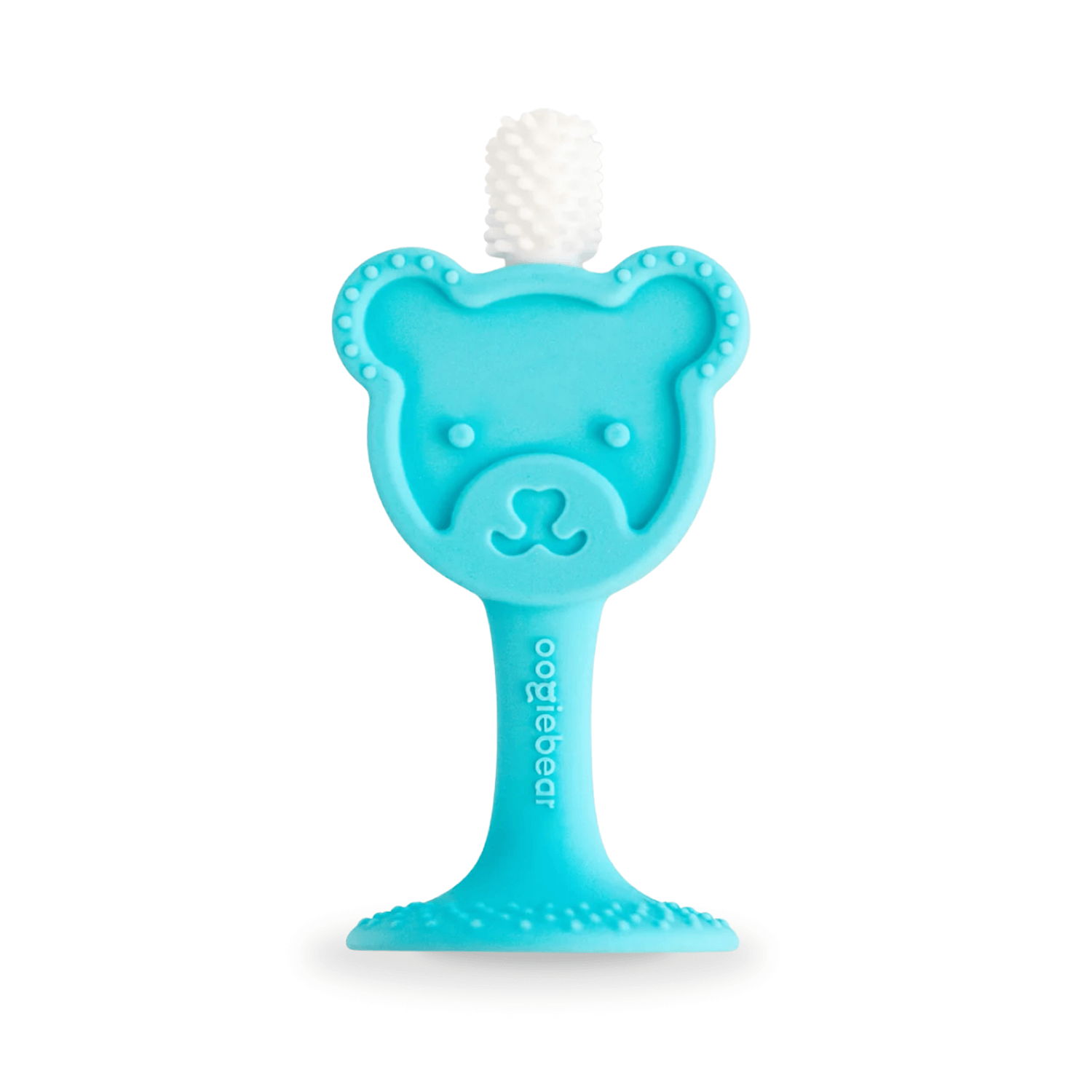 Blue 360-degree silicone baby training toothbrush and teether with bear-head design