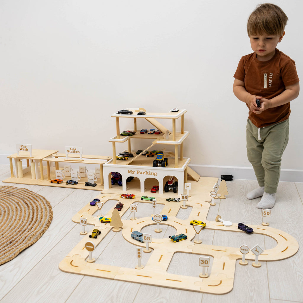 Minimalist Wooden Toy Parking Garage with Elevator - Natural Wood