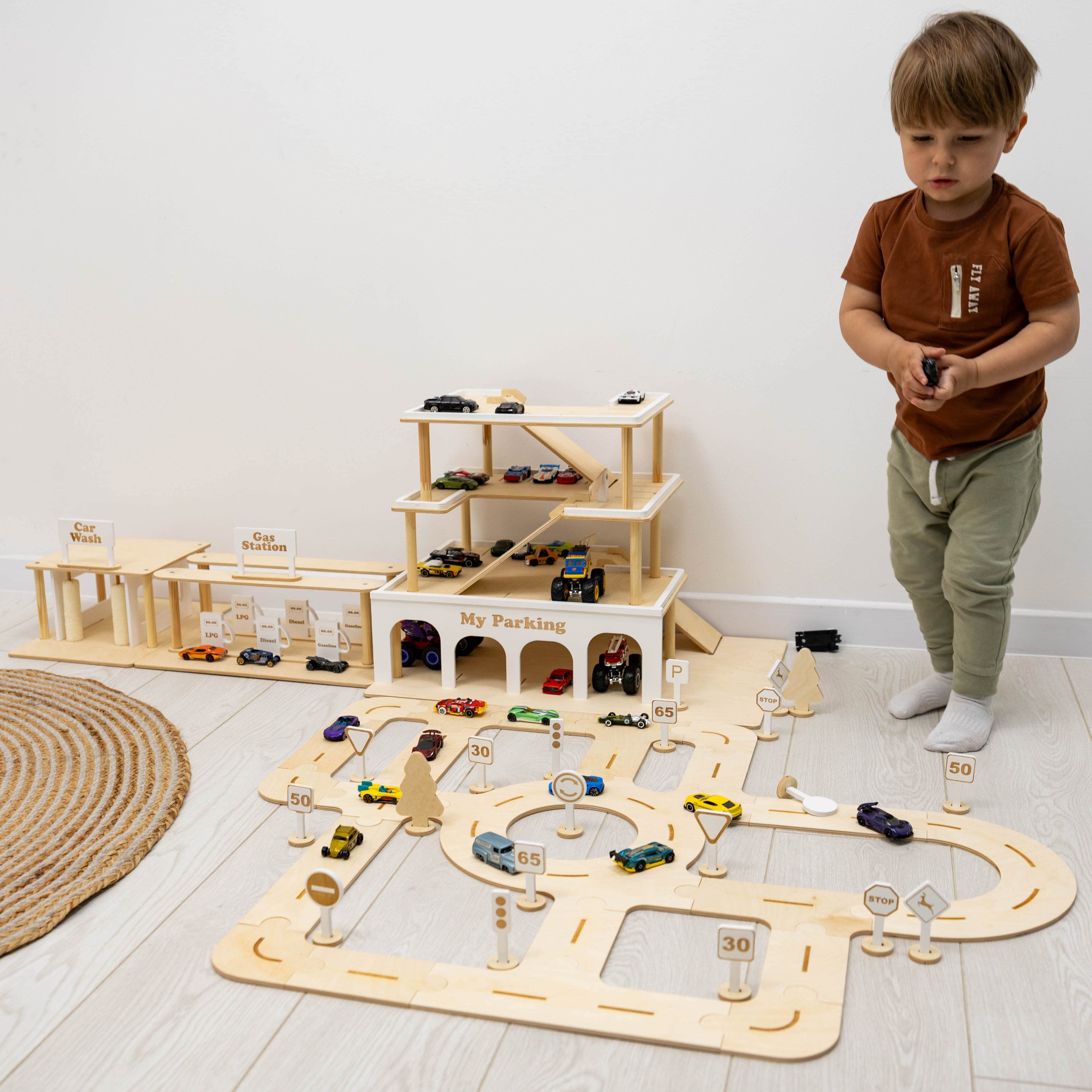 Minimalist Wooden Toy Parking Garage with Elevator - Natural Wood