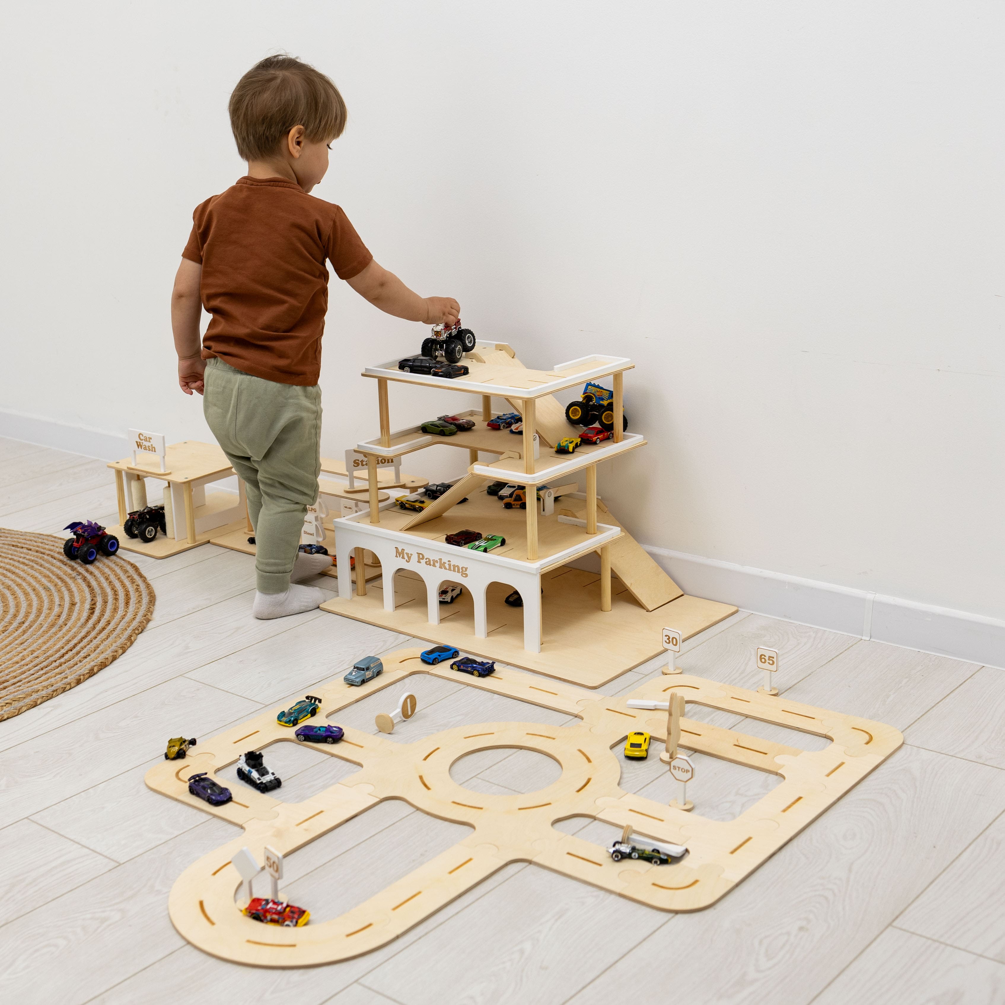 Minimalist Wooden Toy Parking Garage with Elevator - Natural Wood