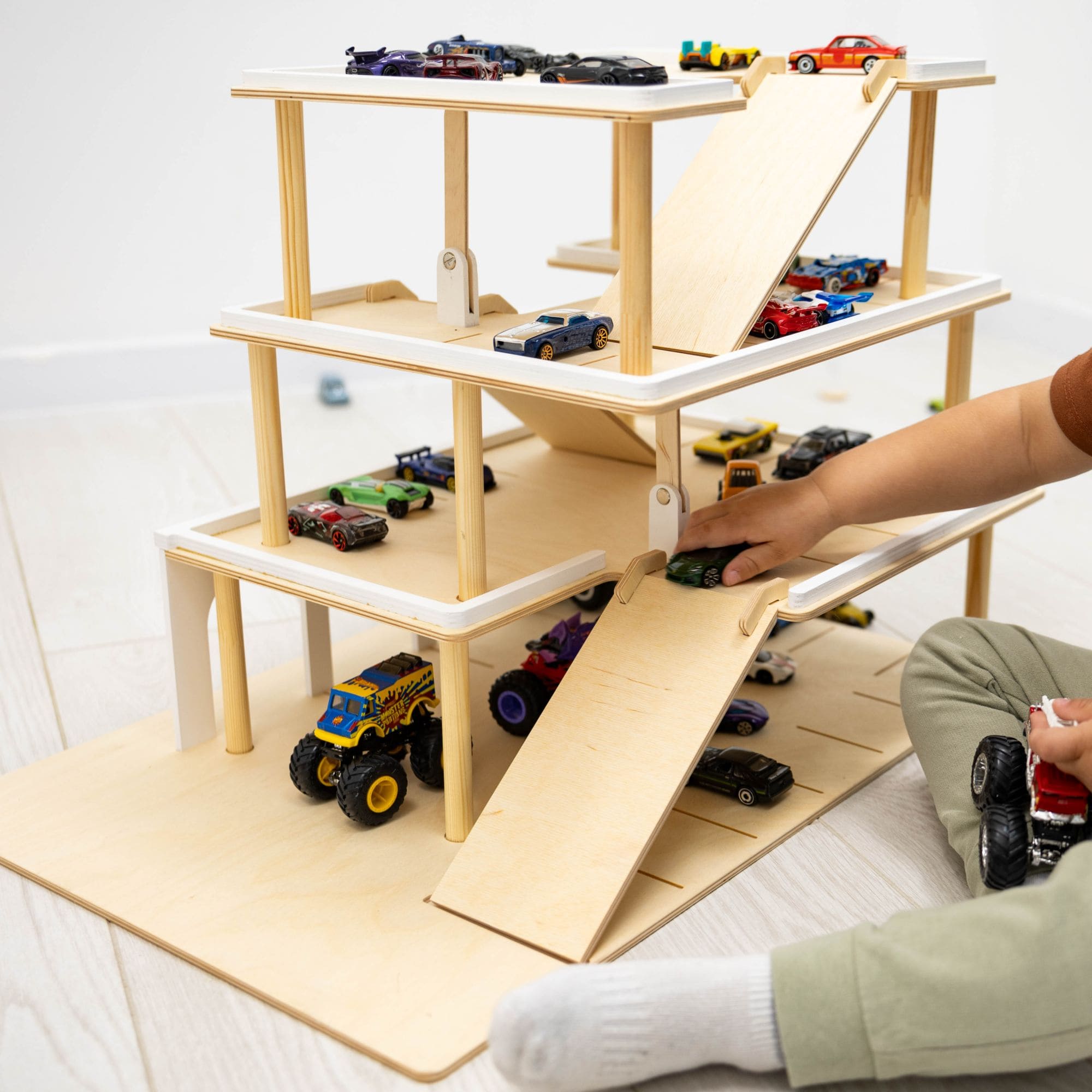 Minimalist Wooden Toy Parking Garage with Elevator - Natural Wood