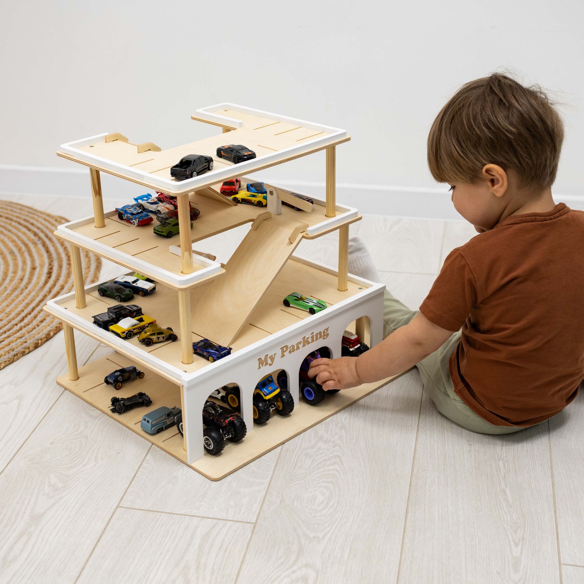 Minimalist Wooden Toy Parking Garage with Elevator - Natural Wood