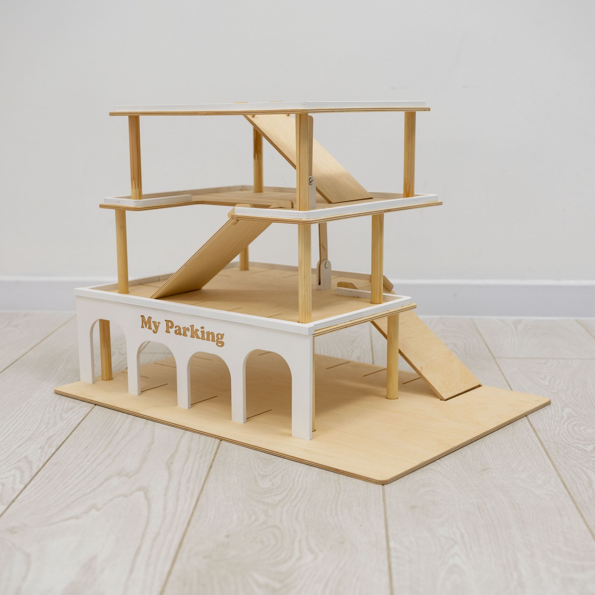 Minimalist Wooden Toy Parking Garage with Elevator - Natural Wood