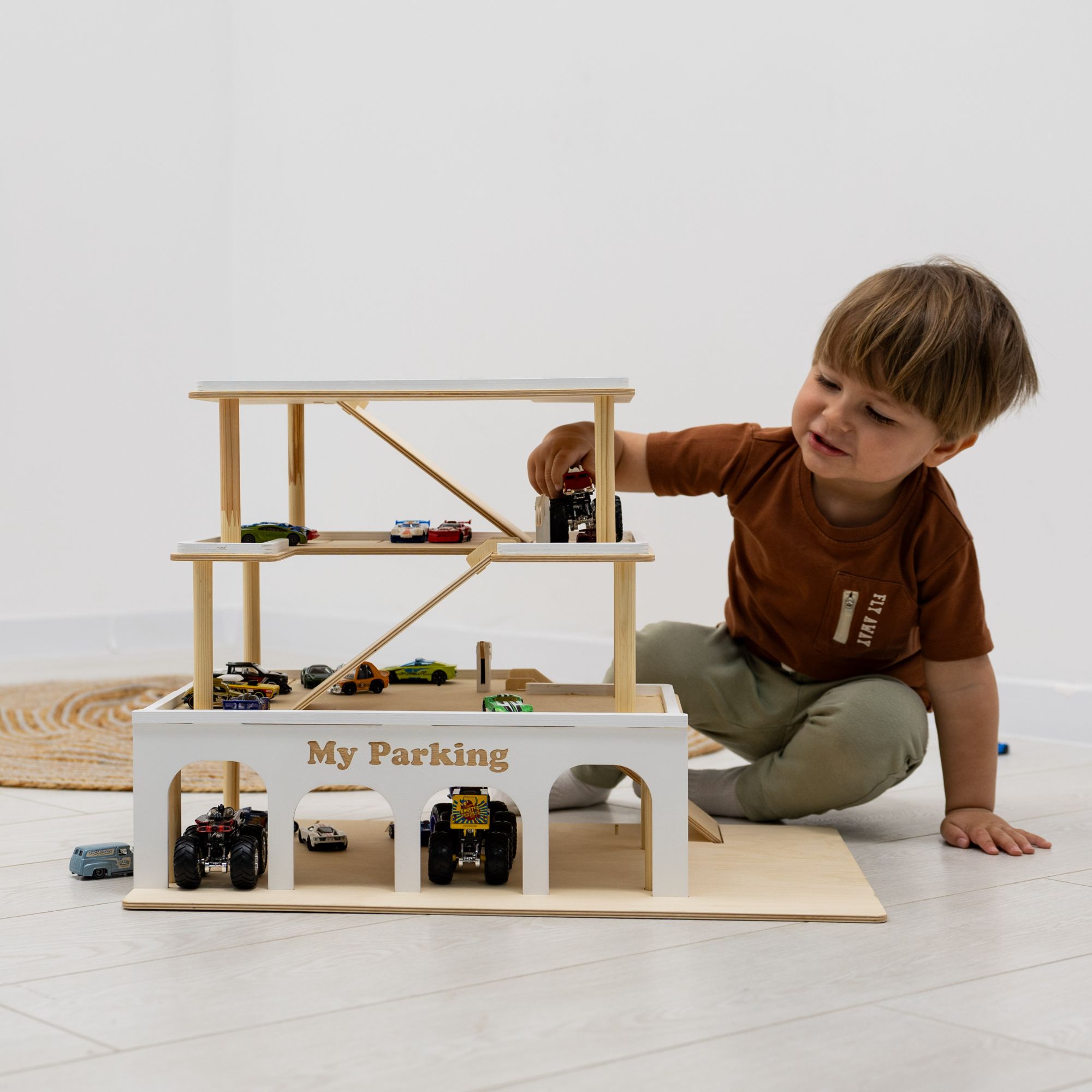 Minimalist Wooden Toy Parking Garage with Elevator - Natural Wood