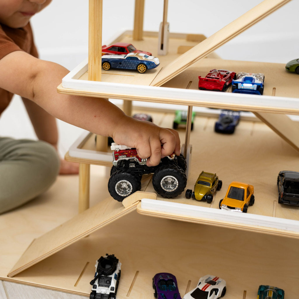 Minimalist Wooden Toy Parking Garage with Elevator - Natural Wood