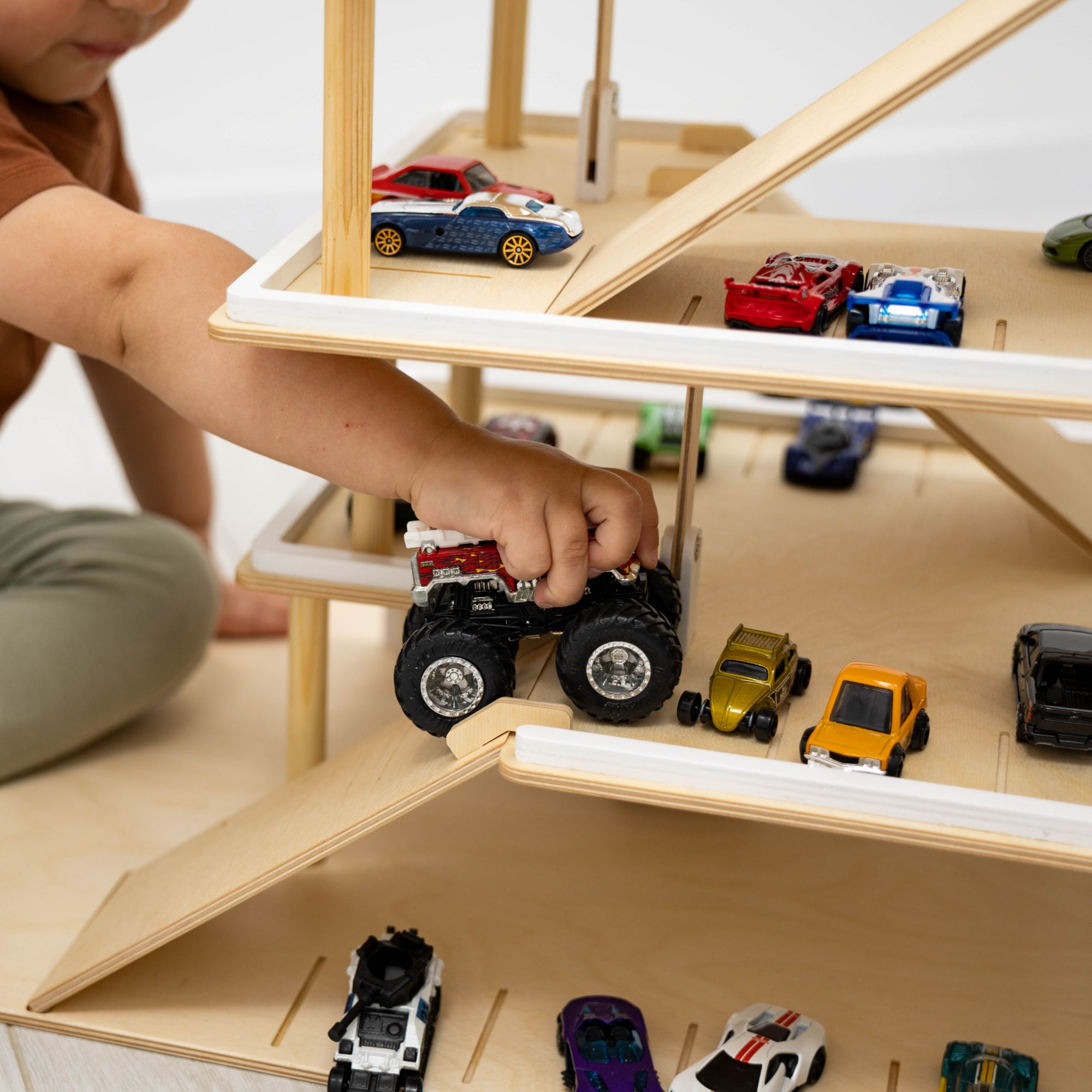 Minimalist Wooden Toy Parking Garage with Elevator - Natural Wood