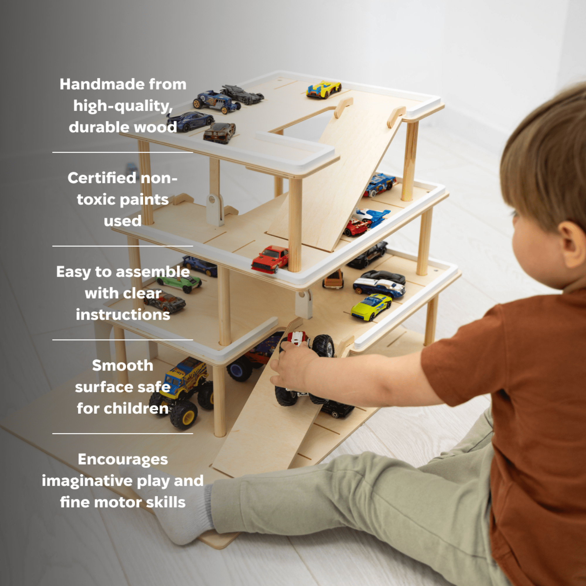 Minimalist Wooden Toy Parking Garage with Elevator - Natural Wood