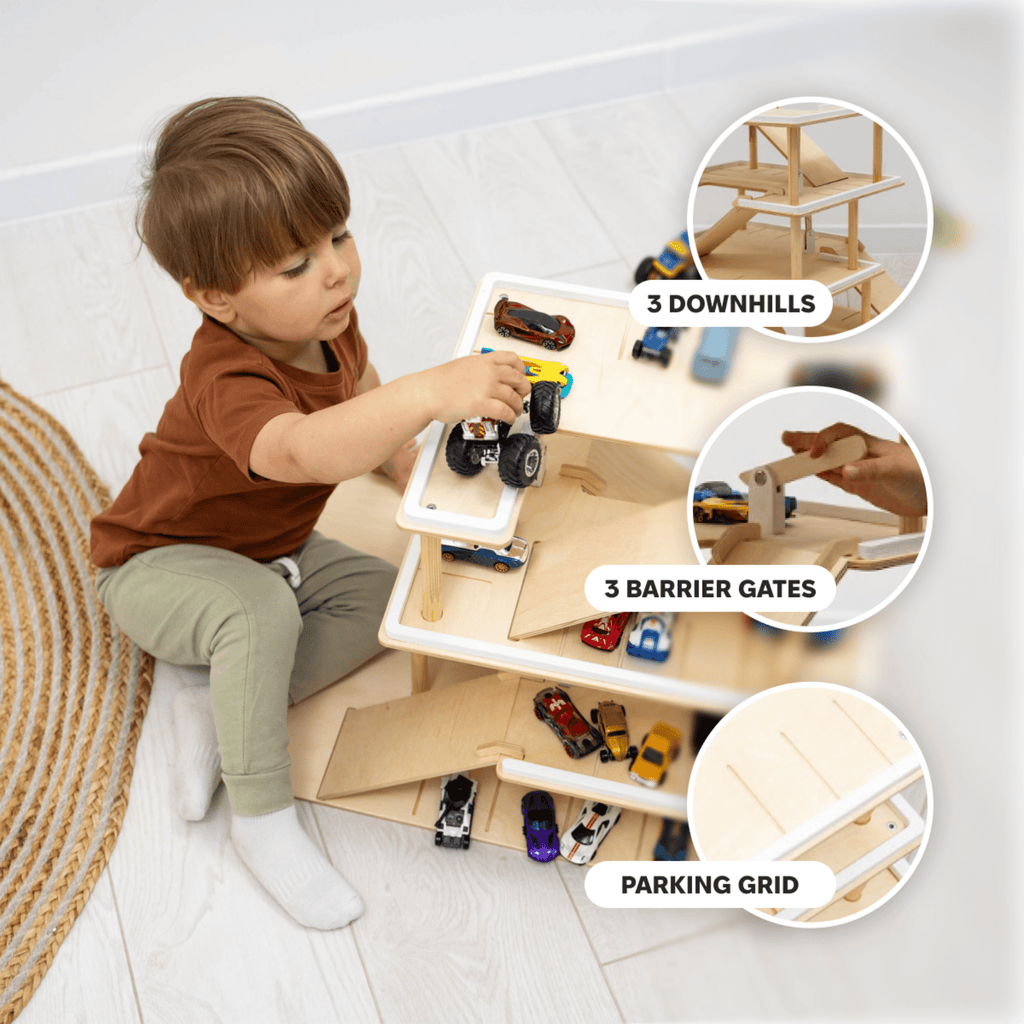 Minimalist Wooden Toy Parking Garage with Elevator - Natural Wood
