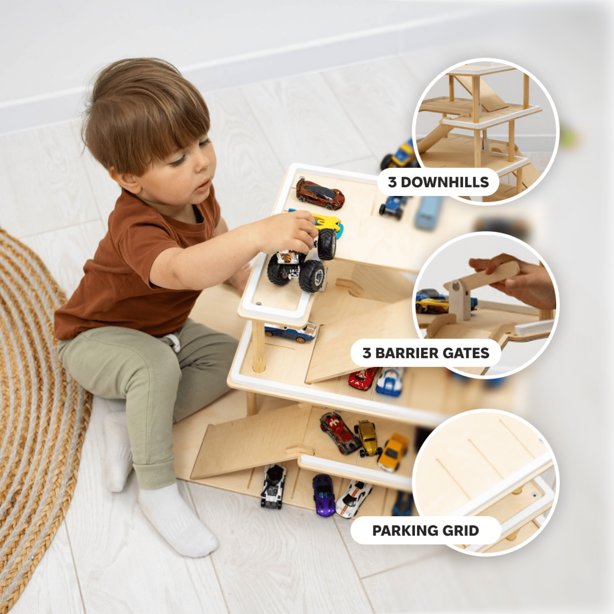 Minimalist Wooden Toy Parking Garage with Elevator - Natural Wood