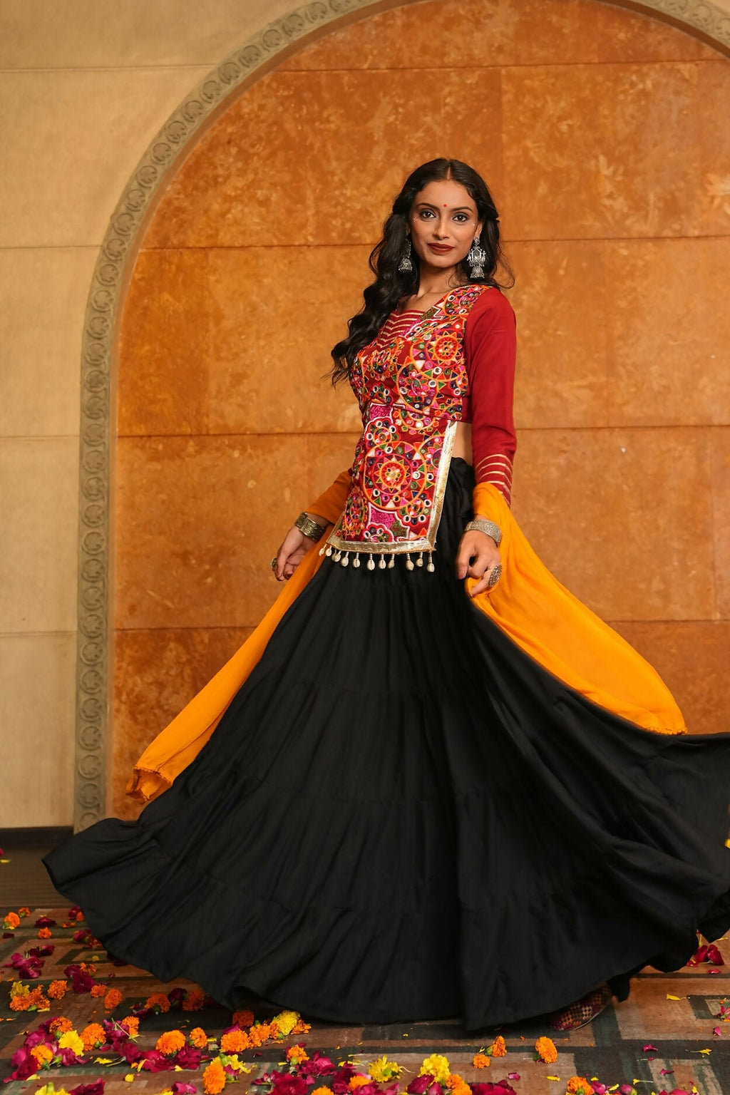 Black Crepe Designer Navratri Lehenga Choli with Red & Yellow