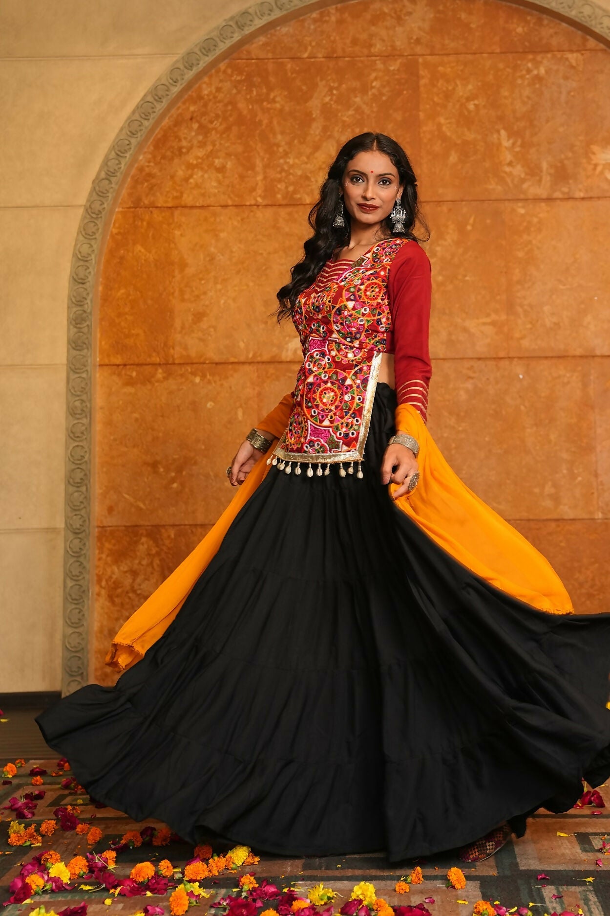 Black Crepe Designer Navratri Lehenga Choli with Red & Yellow
