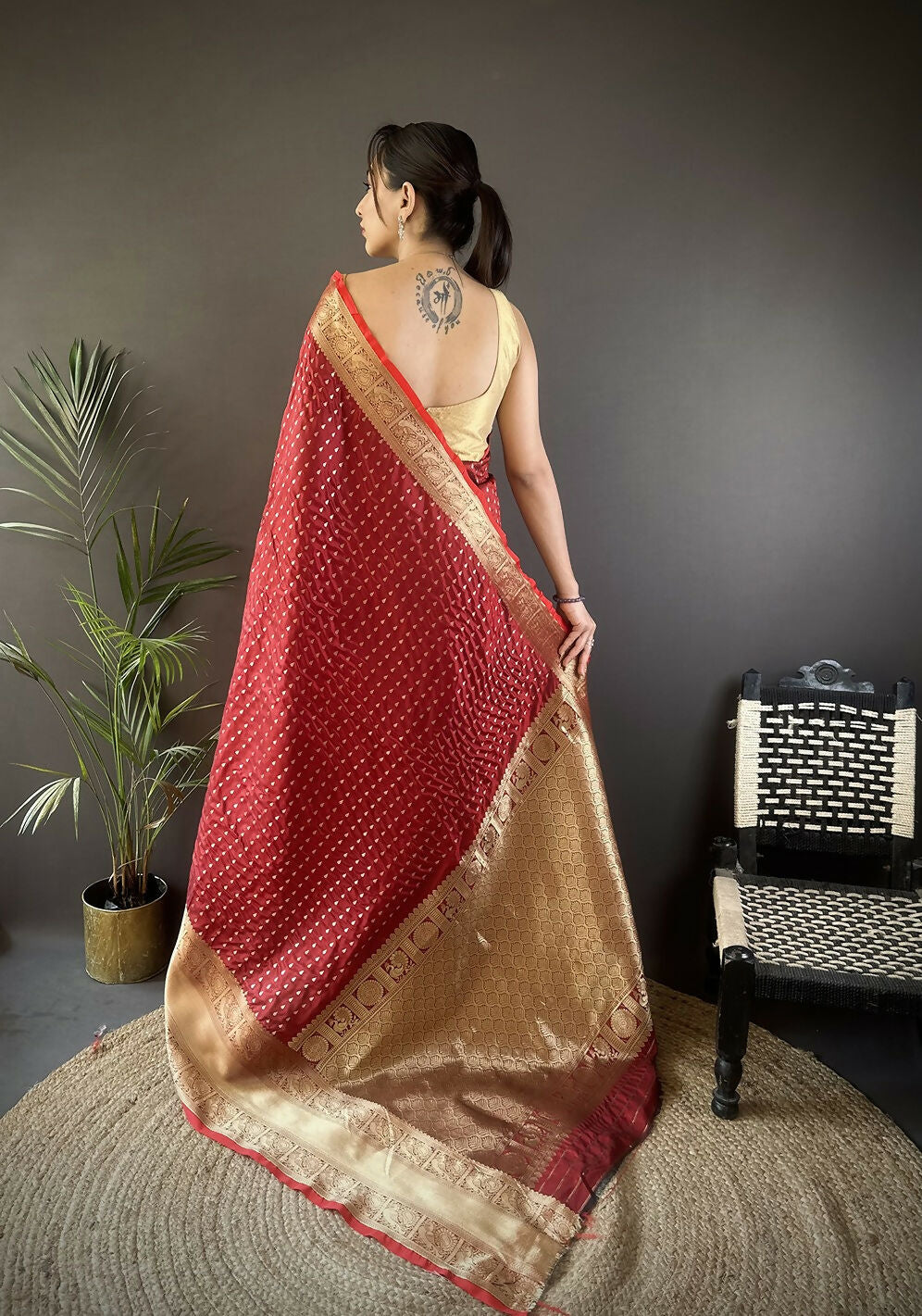 Brick Red Small Butti Banarasi Silk Saree with Unstitched Blouse