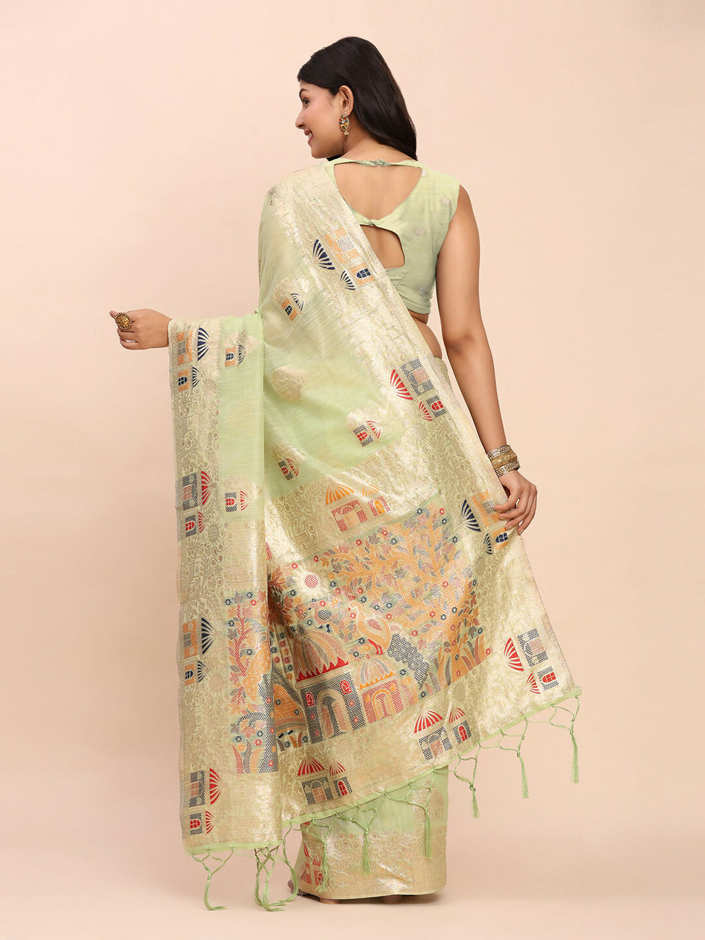 Light Green Linen Cotton Saree with Matching Blouse Piece