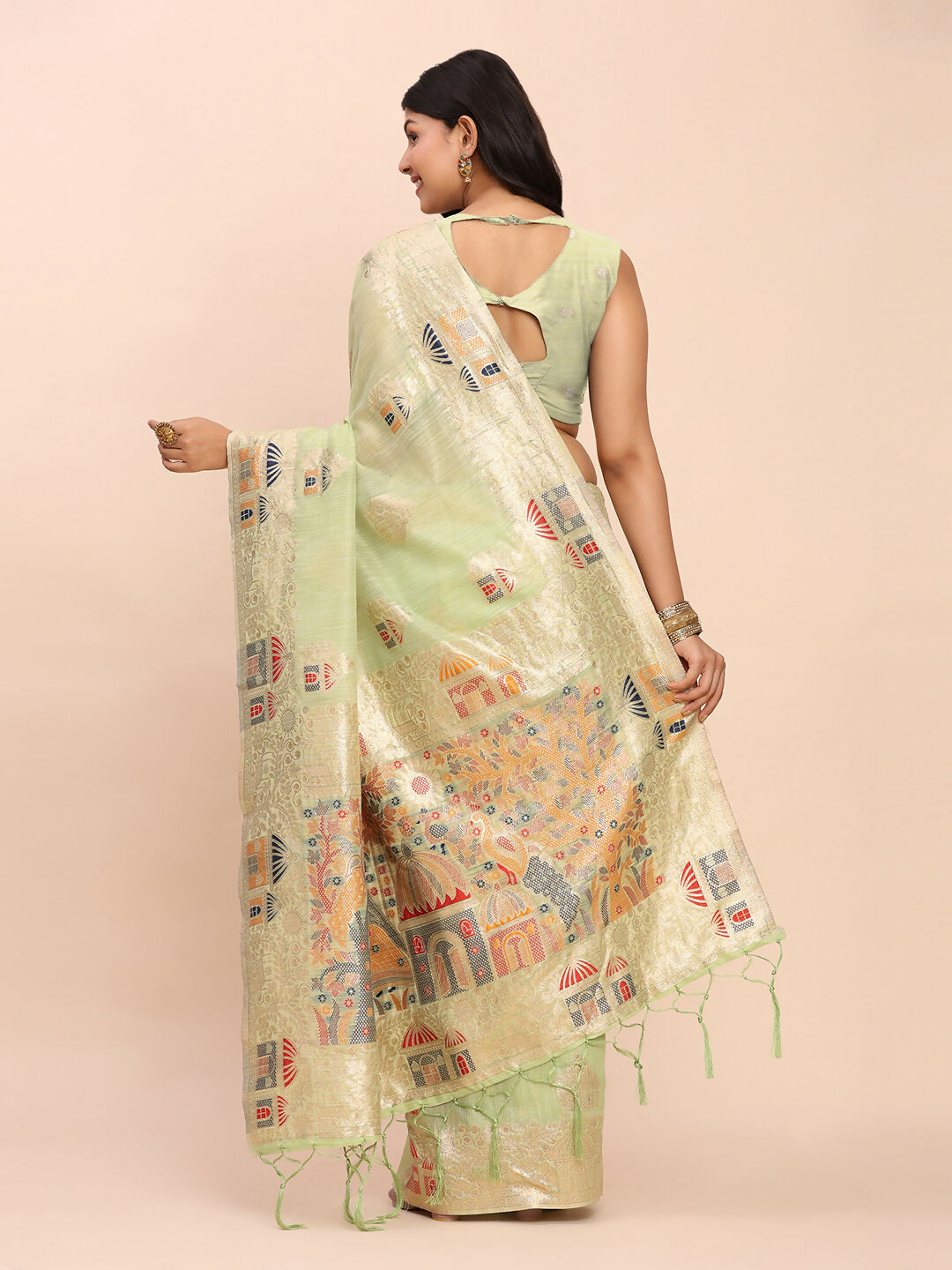 Light Green Linen Cotton Saree with Matching Blouse Piece