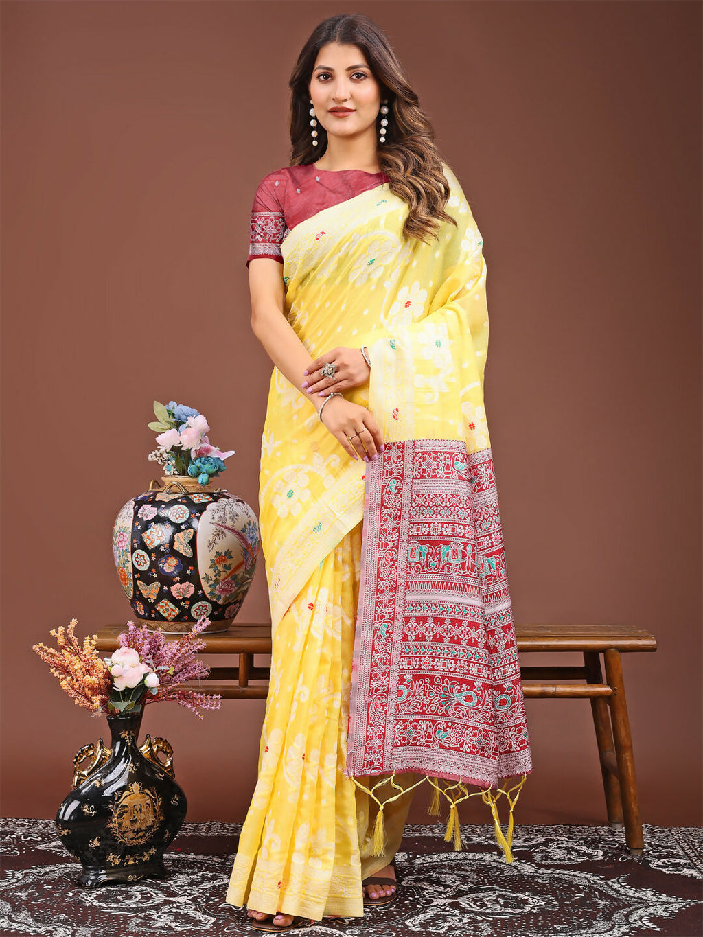 Vibrant yellow linen cotton saree with matching blouse piece