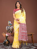 Vibrant yellow linen cotton saree with matching blouse piece