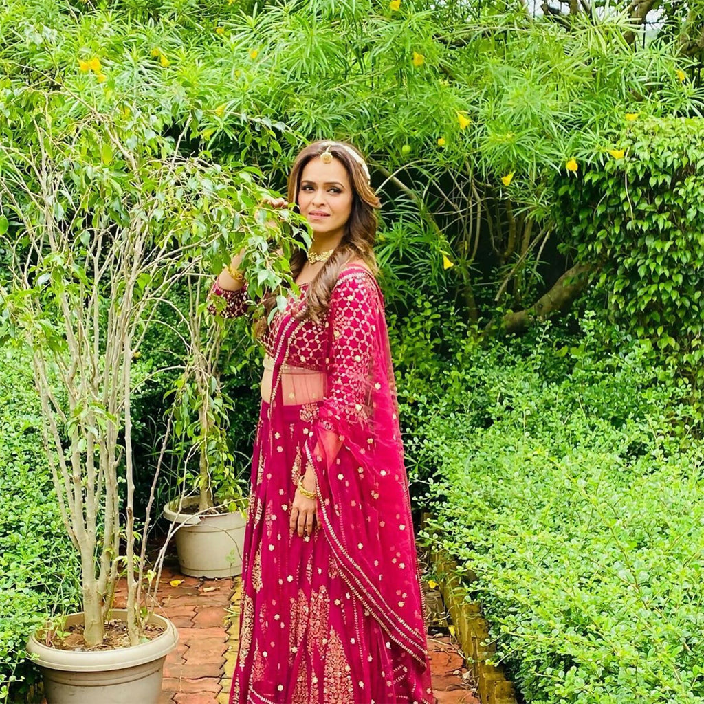 Cherry Red Faux Georgette Jari Embroidered Lehenga Choli Set