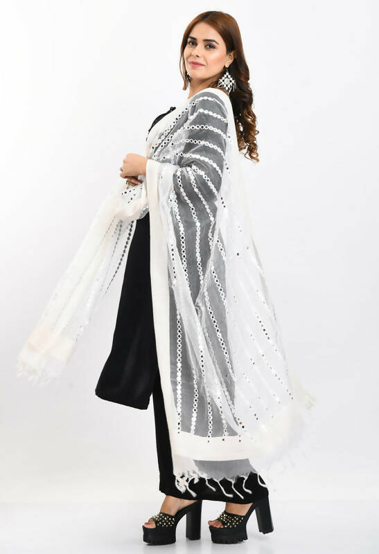 White Organza Dupatta with Mirror Stripe and Thread Work