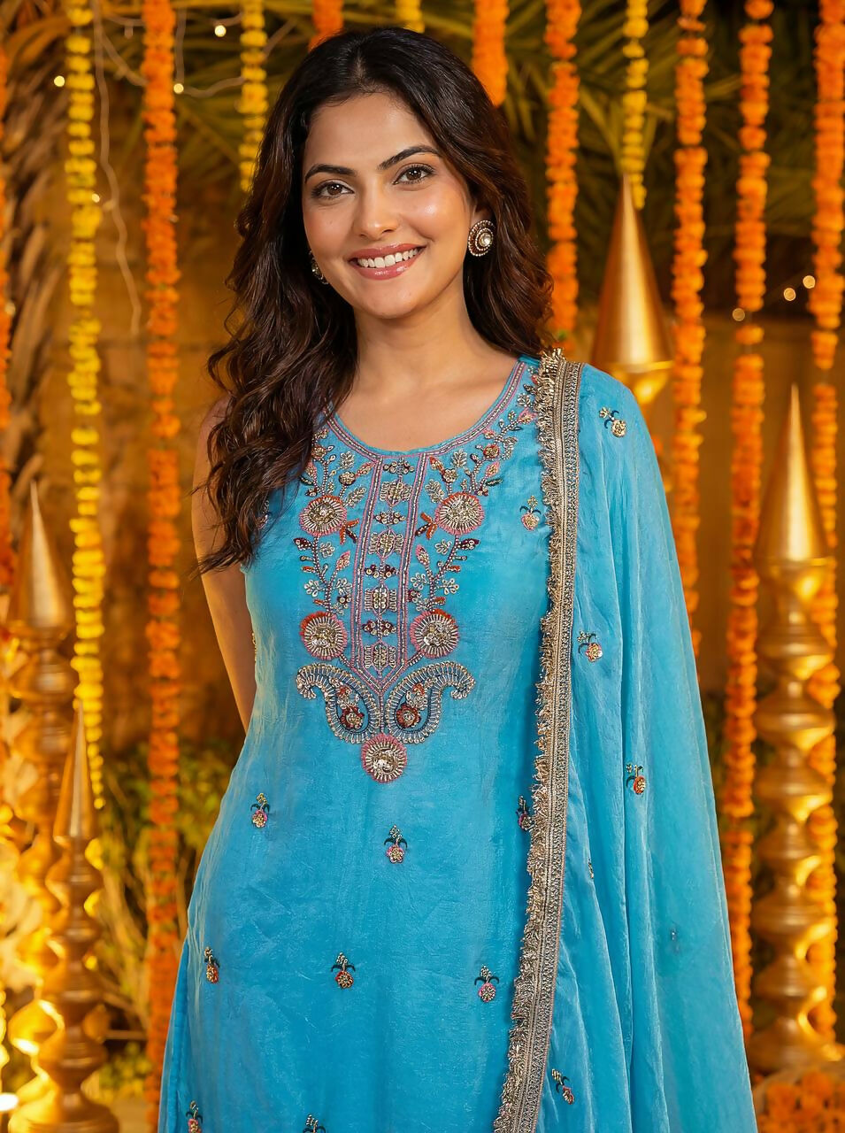 Blue Silk Embroidered Sharara Set for Traditional Occasions