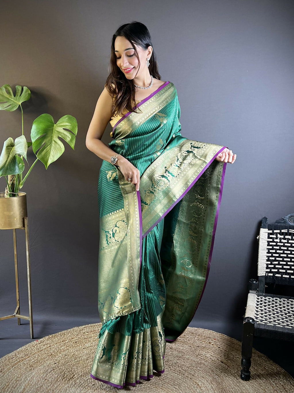 Green Soft Silk Leheriya Saree with Striped Floral Motifs