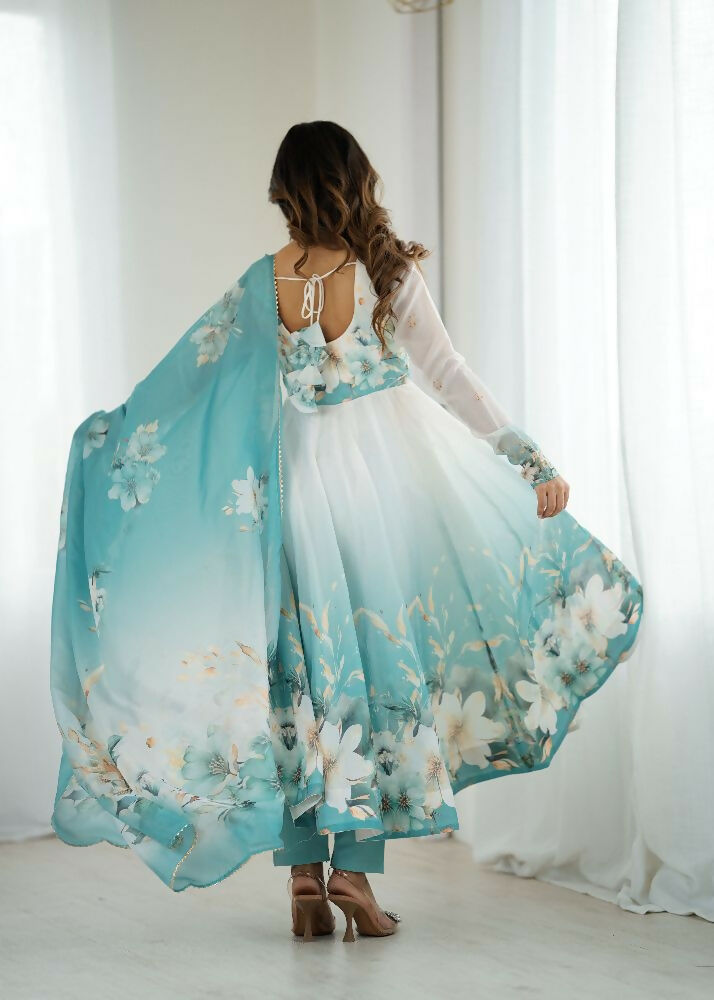 Aqua Blue Organza Kurta Set with Sequin Embroidery