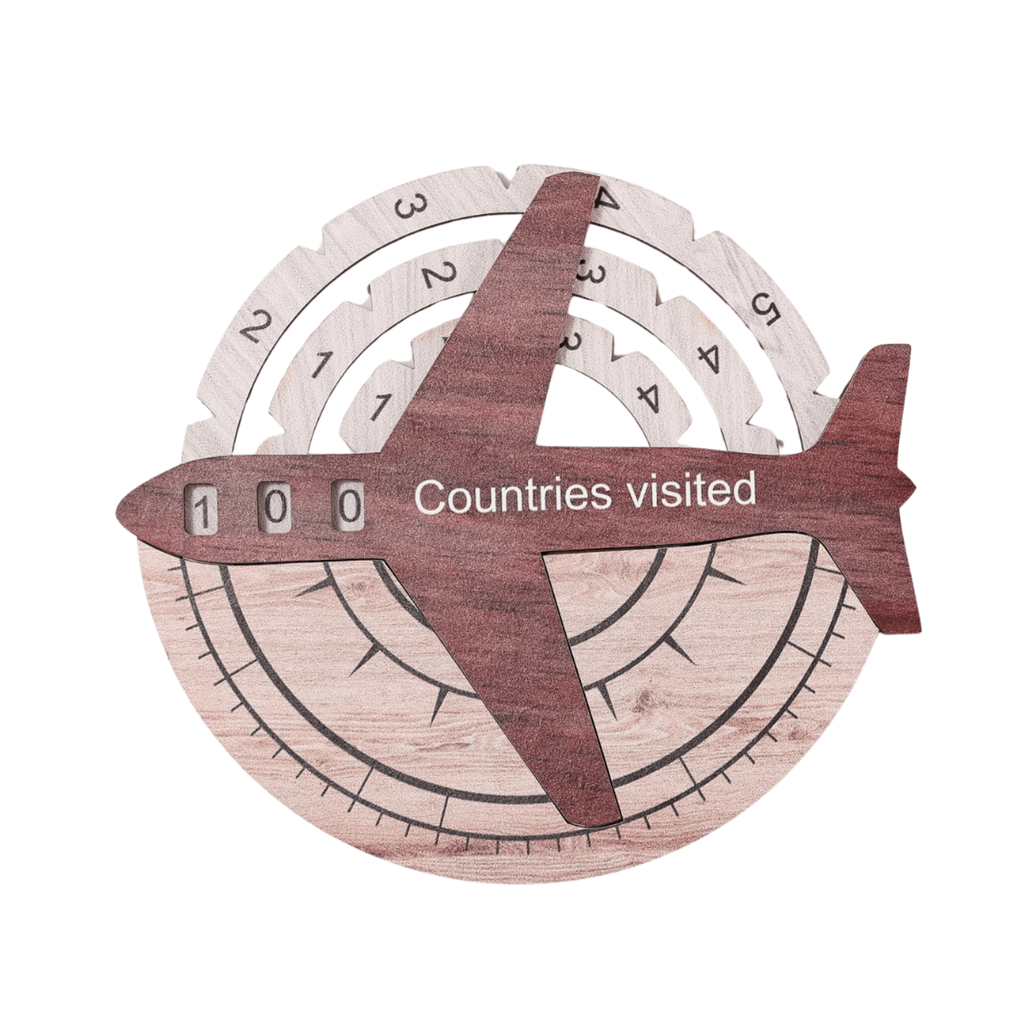 3D wooden world map in cappuccino finish displayed on a light wall