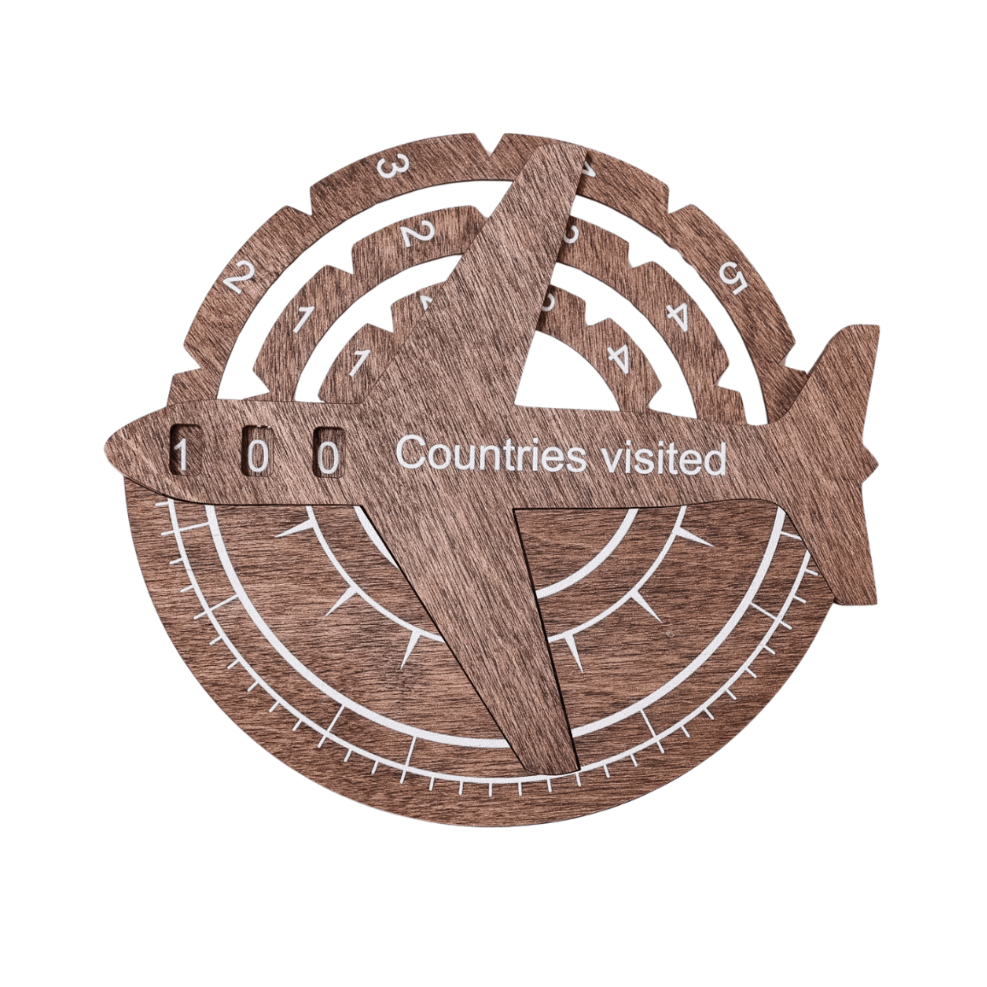 3D wooden world map in dark walnut finish mounted on a neutral wall
