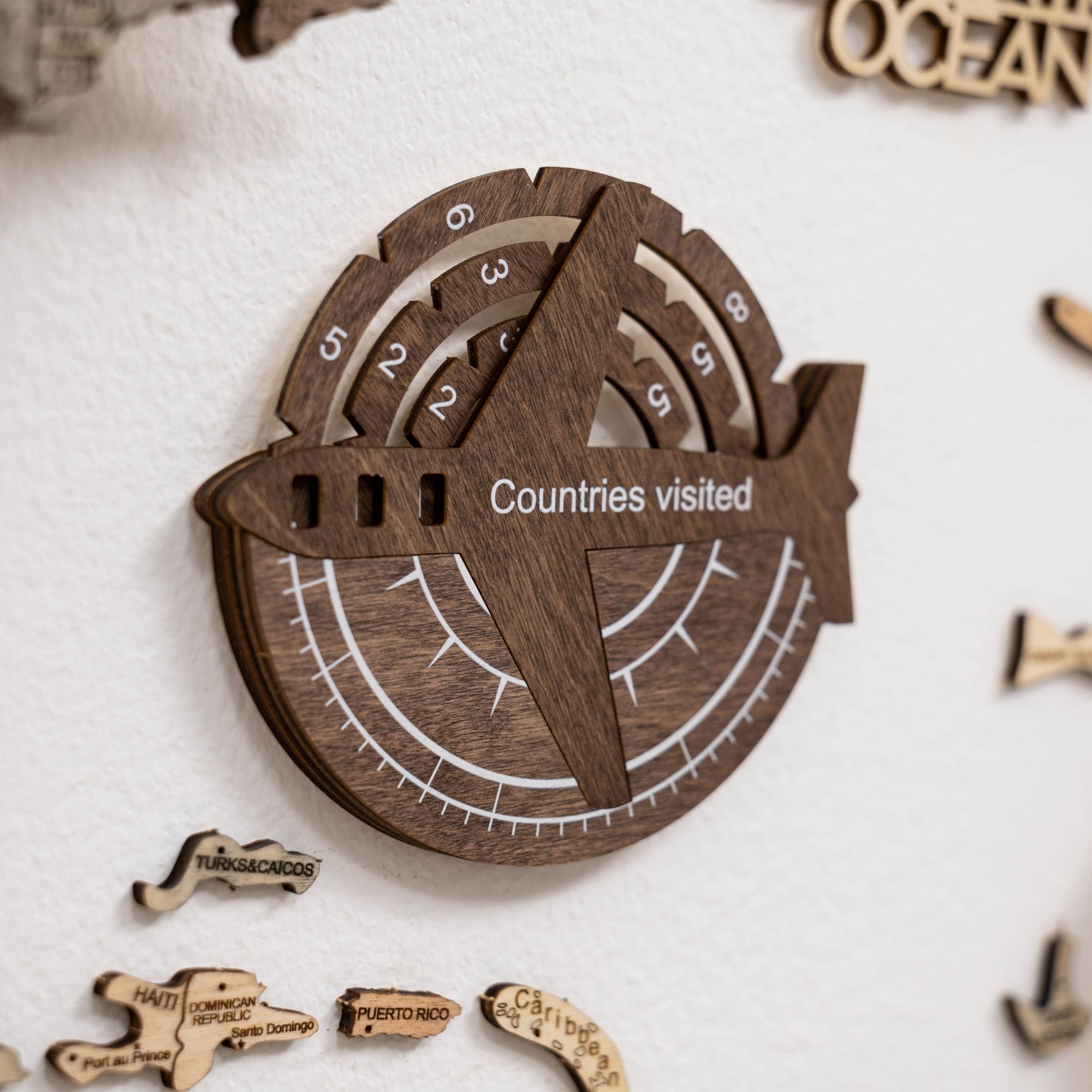 3D Wooden World Map Wall Art – Dark Walnut Travel Tracker