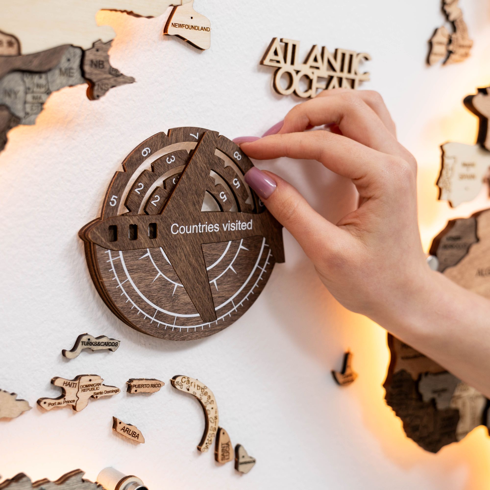 3D Wooden World Map Wall Art – Dark Walnut Travel Tracker